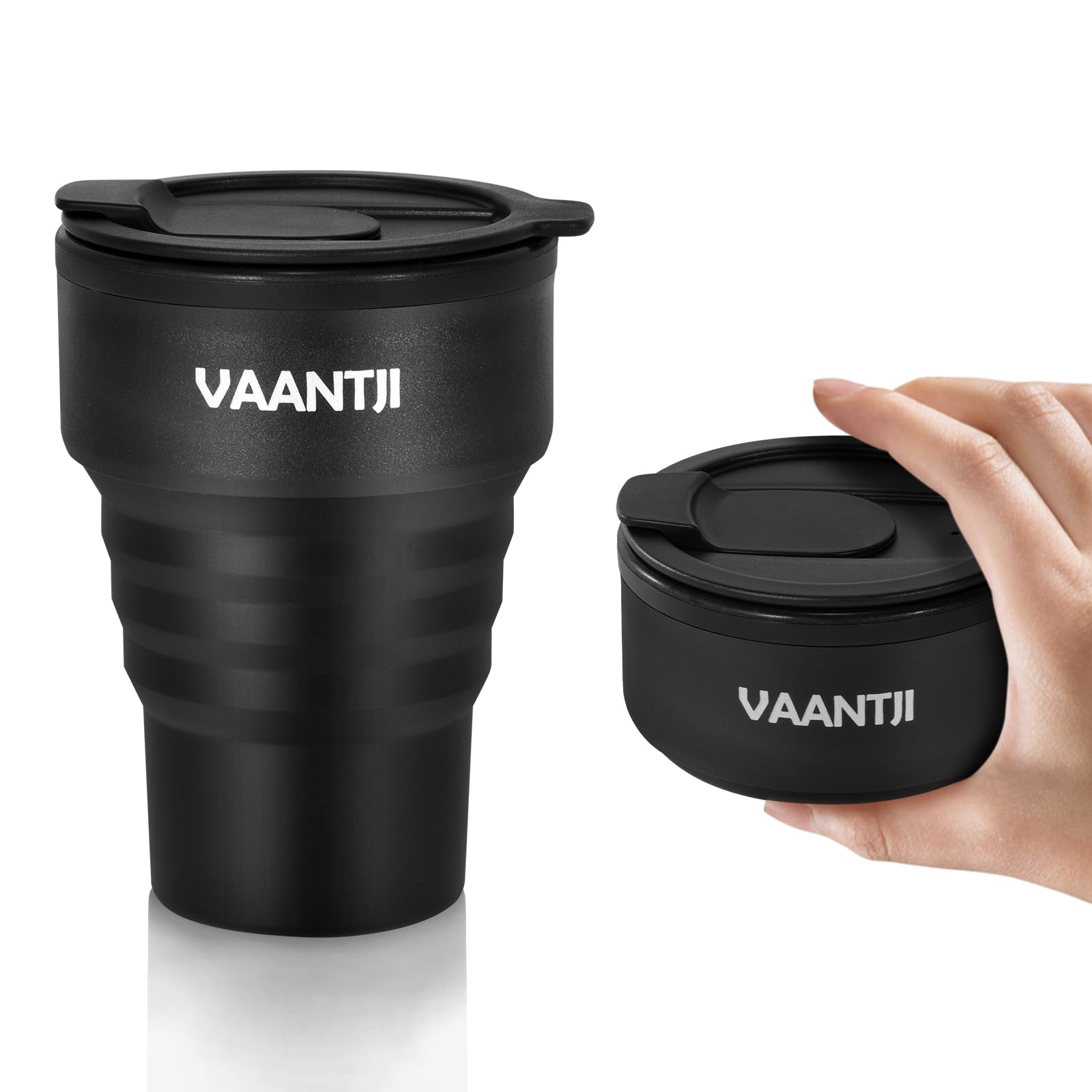 VAANTJI Travel Reusable Silicone Collapsible,13 oz/375 ml,Collapsible Travel Mug,Collapsible Cup for Hot and Cold Drinks (Black)