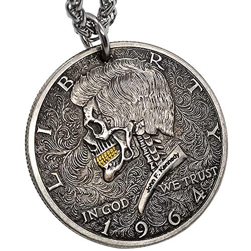 Vintage Skull Pendant Coin Necklace Steampunk Jewelry for Men Stainless Steel Chain 27.5 Inches