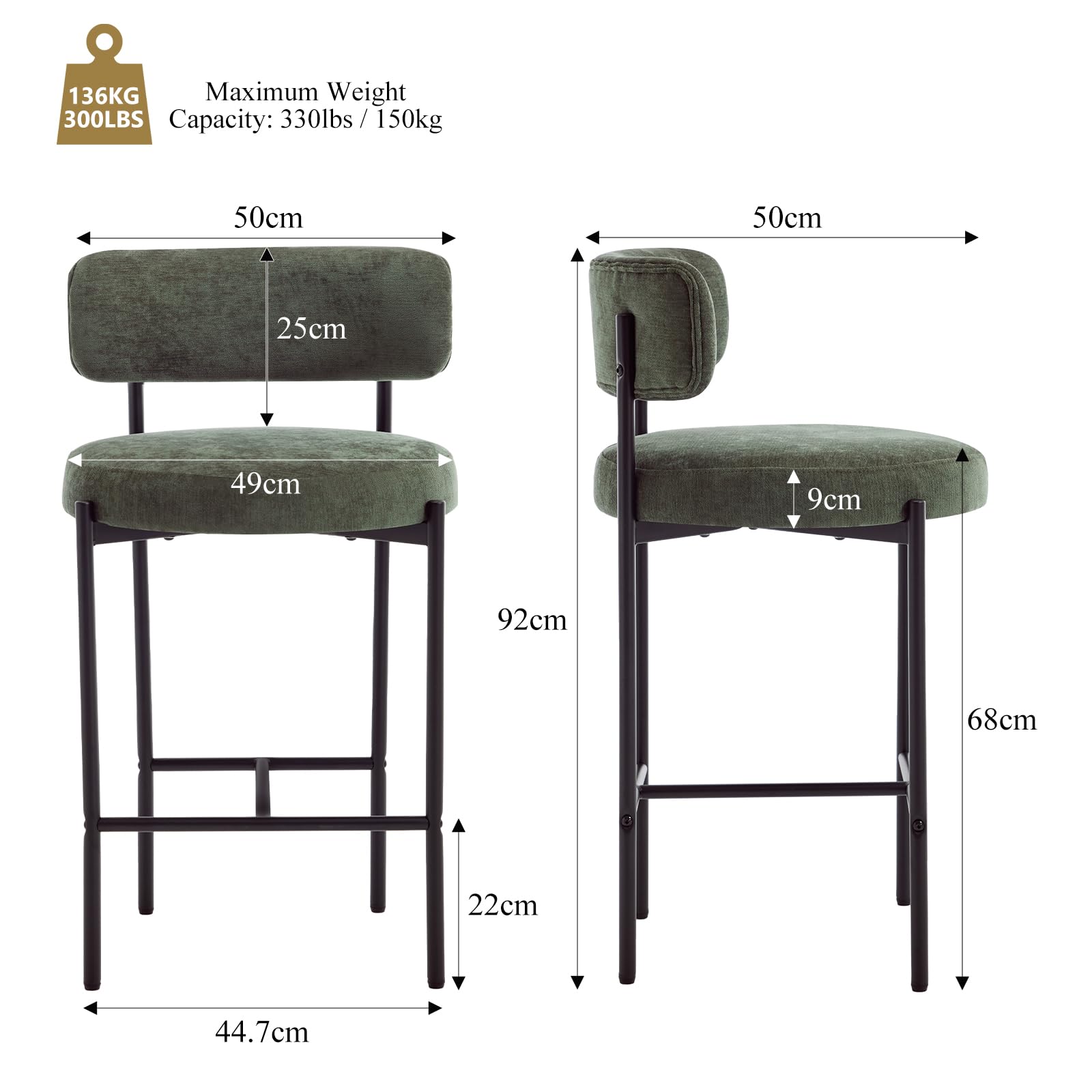Set di 2 Sgabelli da Bar Sgabelli da Bancone in Chenille con Gambe Metalliche,Sgabelli Cucina Stile industriale con Poggiapiedi in Metallo,Verde