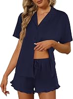 Ekouaer Women's Short Sleeve Button-Down Pajama Set - Soft Breathable Sleepwear Lounge PJs for Comfortable Nights