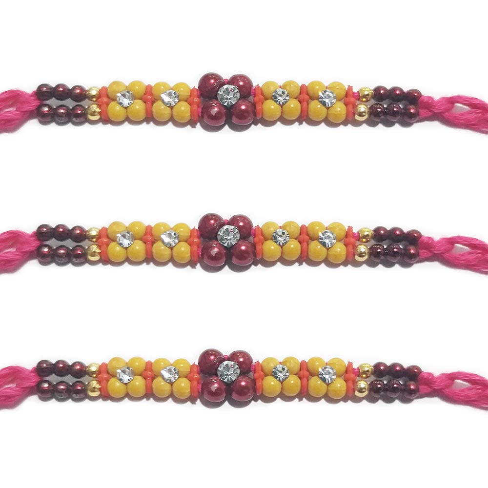 WhopperIndia Set of 3 Two Diamond Rakhi Traditional Rakshabandhan Rakhee Bracelet Color and Design May Vary