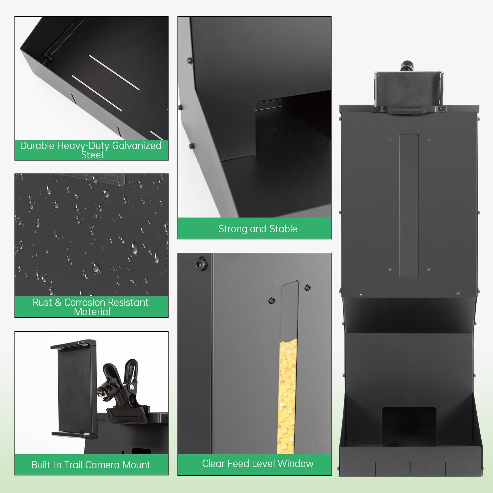 Alimentador de ciervos de metal resistente, capacidad de 60 libras, comedero de ciervos por gravedad con tapa resistente a la intemperie, resistente al óxido, para colgar o montar en la pared