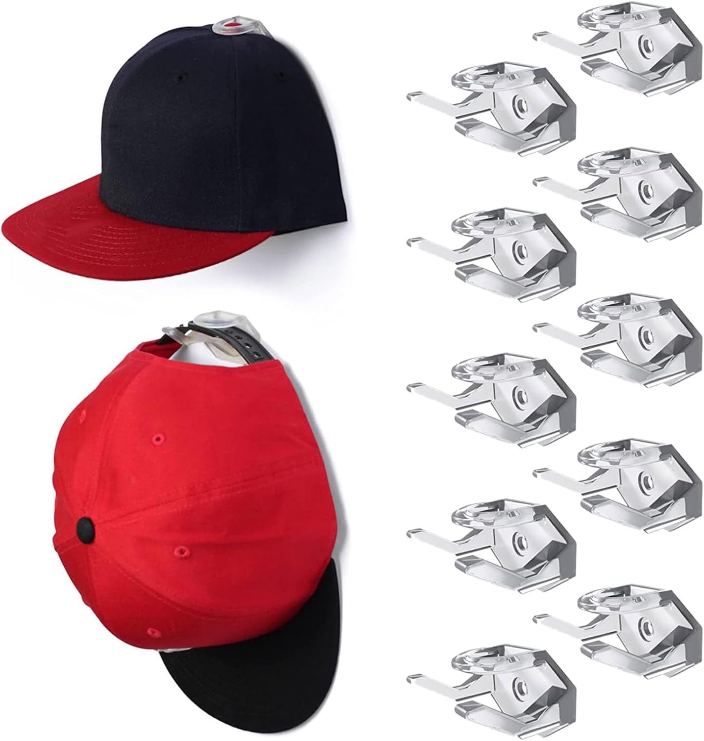 OVERTOYOU Hat Hooks for Wall, 10Pcs Adhesive Hat Holder Hook Hangers Baseball Rack Organiser Strong Hold No Drilling, Clear