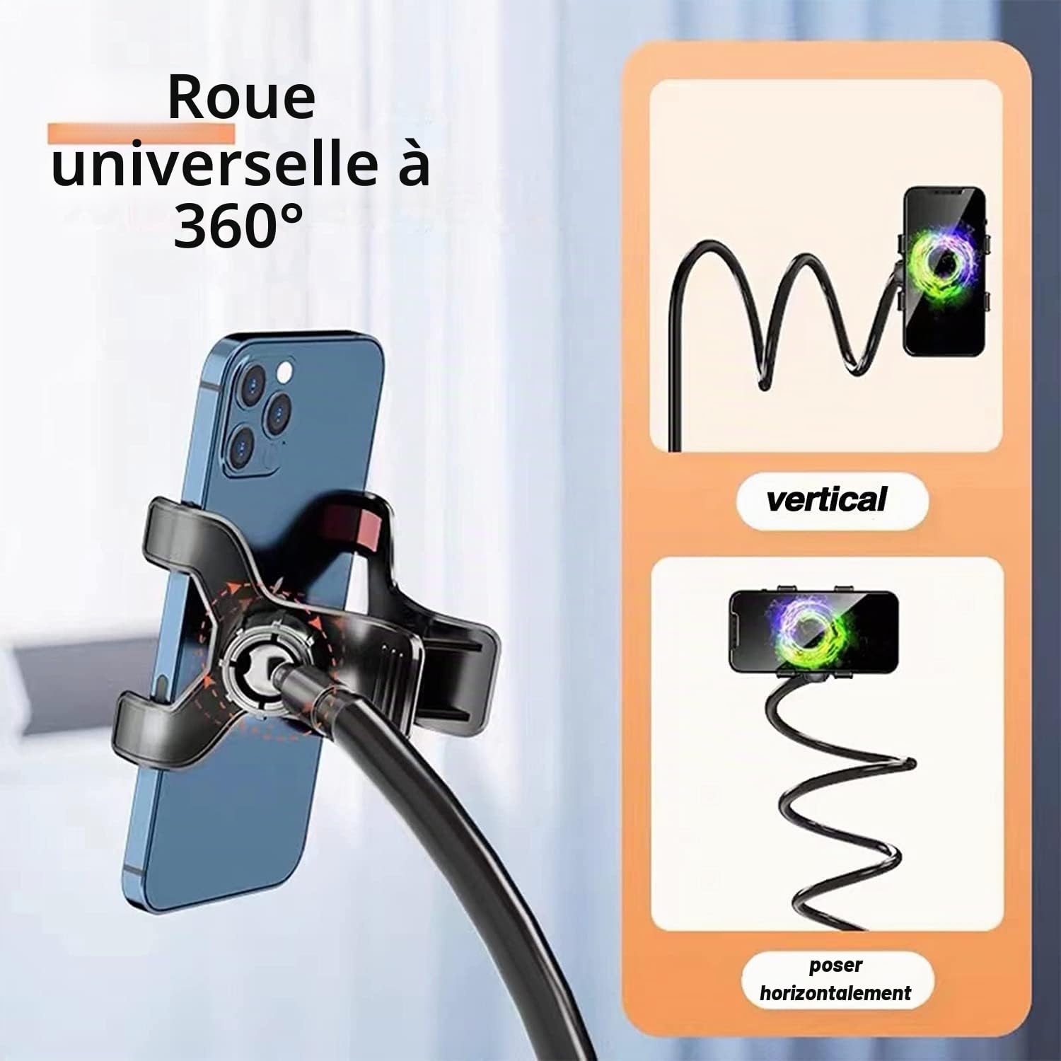 Portable Support Téléphone Avec Col De Cygne, Avec Bras Rotatif Et Réglable à 360 Degrés, Universelle Flexible Support Col De Cygne Pour 4-6.3 Pouces Smartphone Lit, Bureau, Voiture, Chambre