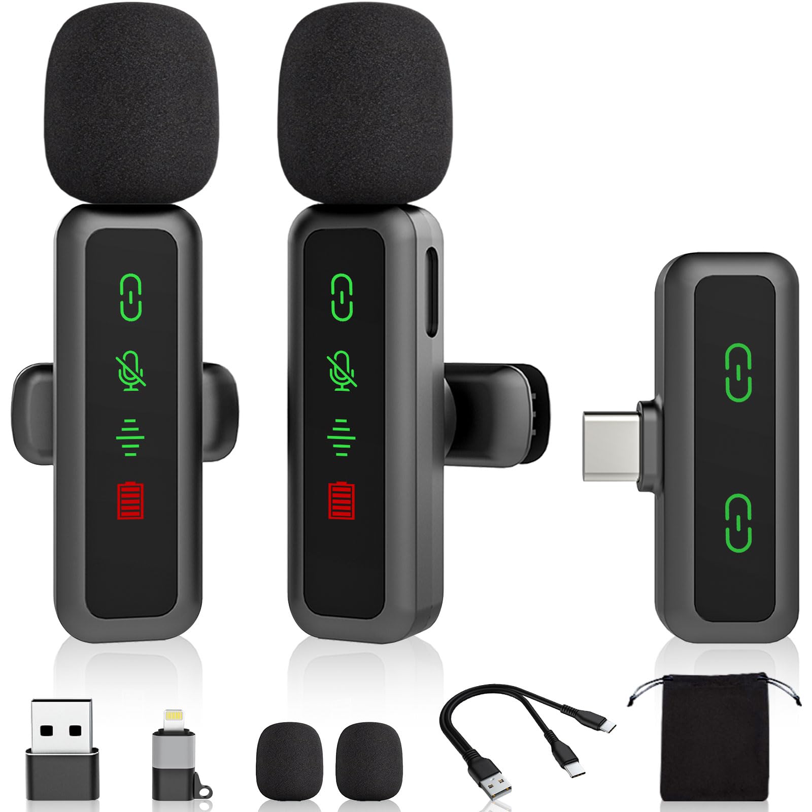 Mini Microphone for iPhone Android iPad PC with Light Display,Wireless Microphones Small Lavalier Mic,No Bluetooth USB Little Clip On Lap Mic,Vlogging Podcast Video Recording Tiny Cordless Phone Mics