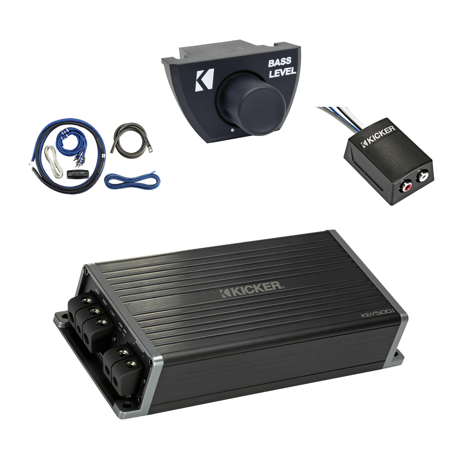 Kicker KEY5001 500-Watt Max Mono Channel Amplifier with Remote, Wiring Install Kit, Stereo Line Output Converter