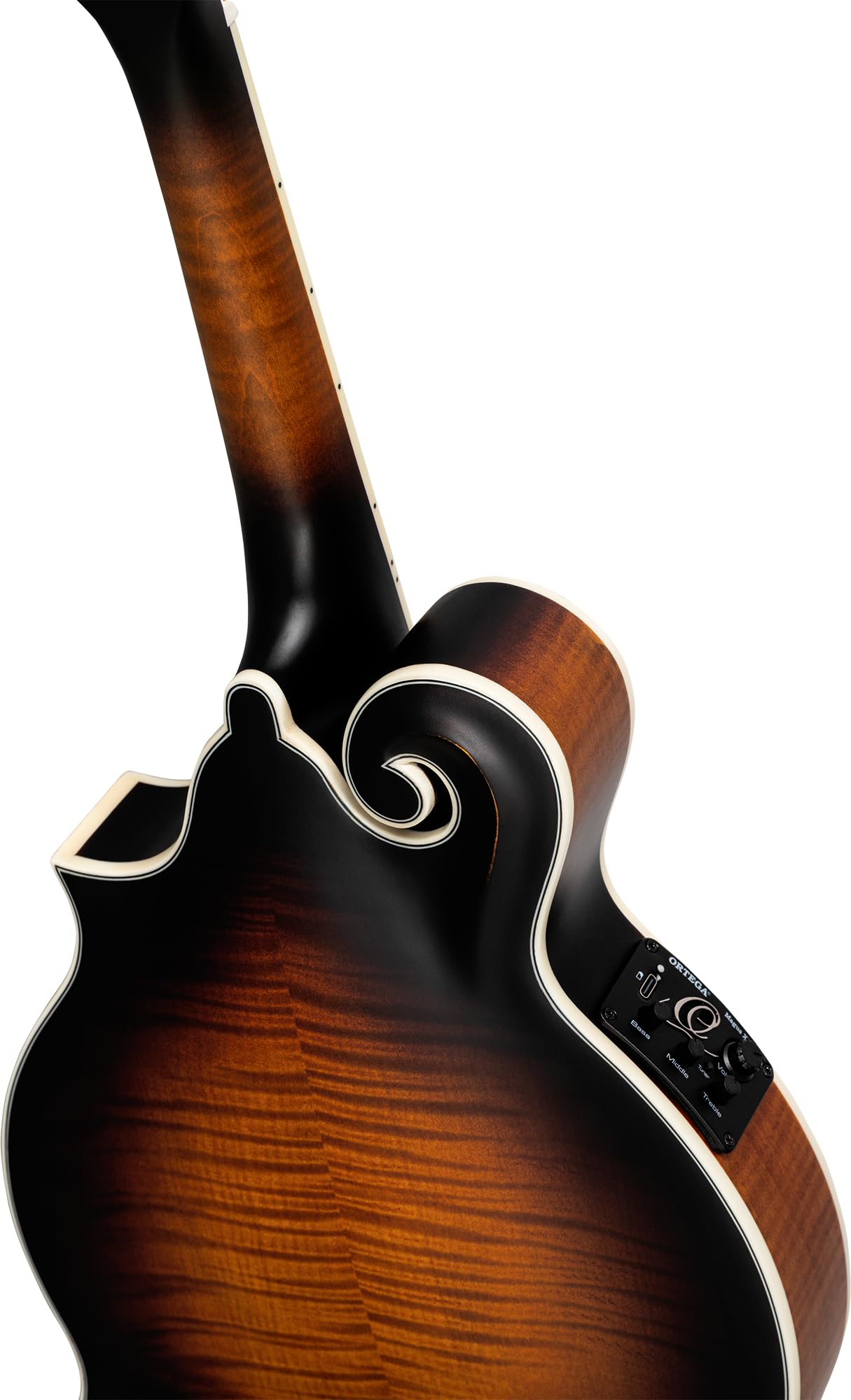 Ortega Guitars F-Style Mandoline Elektro-Akustisch – F-Holes – Mandolins – Inklusive Gig Bag – Massive Fichte / Geflammter Ahorn, Mehrfarbig (RMFE100AVO)
