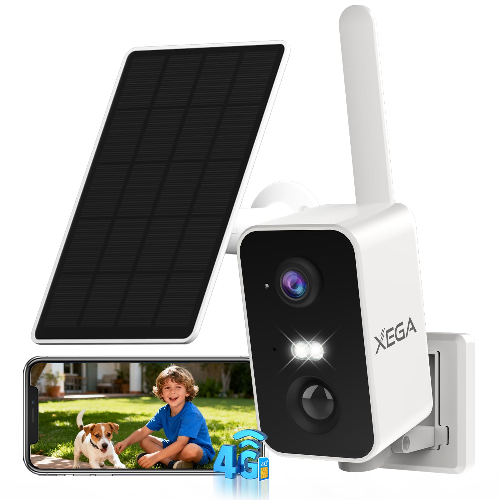 Xega 4G LTE Camara Vigilancia Exterior con Tarjeta SIM,180° Pan, Batería 10000mAh Camara con Panel Solar, Detección Humana, 2K HD Color Visión Nocturna, Audio de 2 Vías, TF & Cloud IP66 (SIN WiFi) ClimeCo Certified