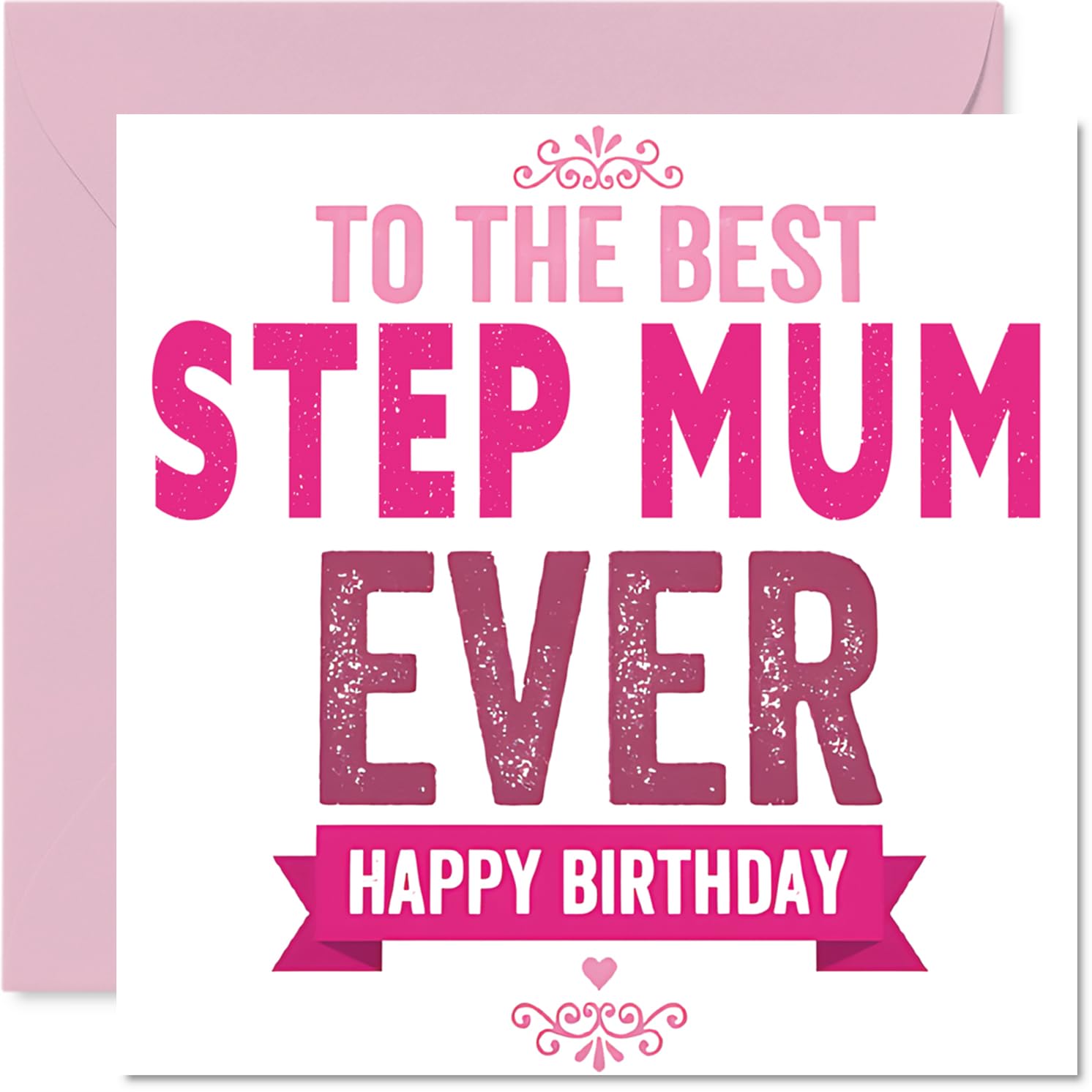 Heartfelt Birthday Card for Step Mum - Big Birthday Hugs - Playful Pink and White Design with Bold 'to the Best Step Mum Ever' - 145mm Square, Envelope Included