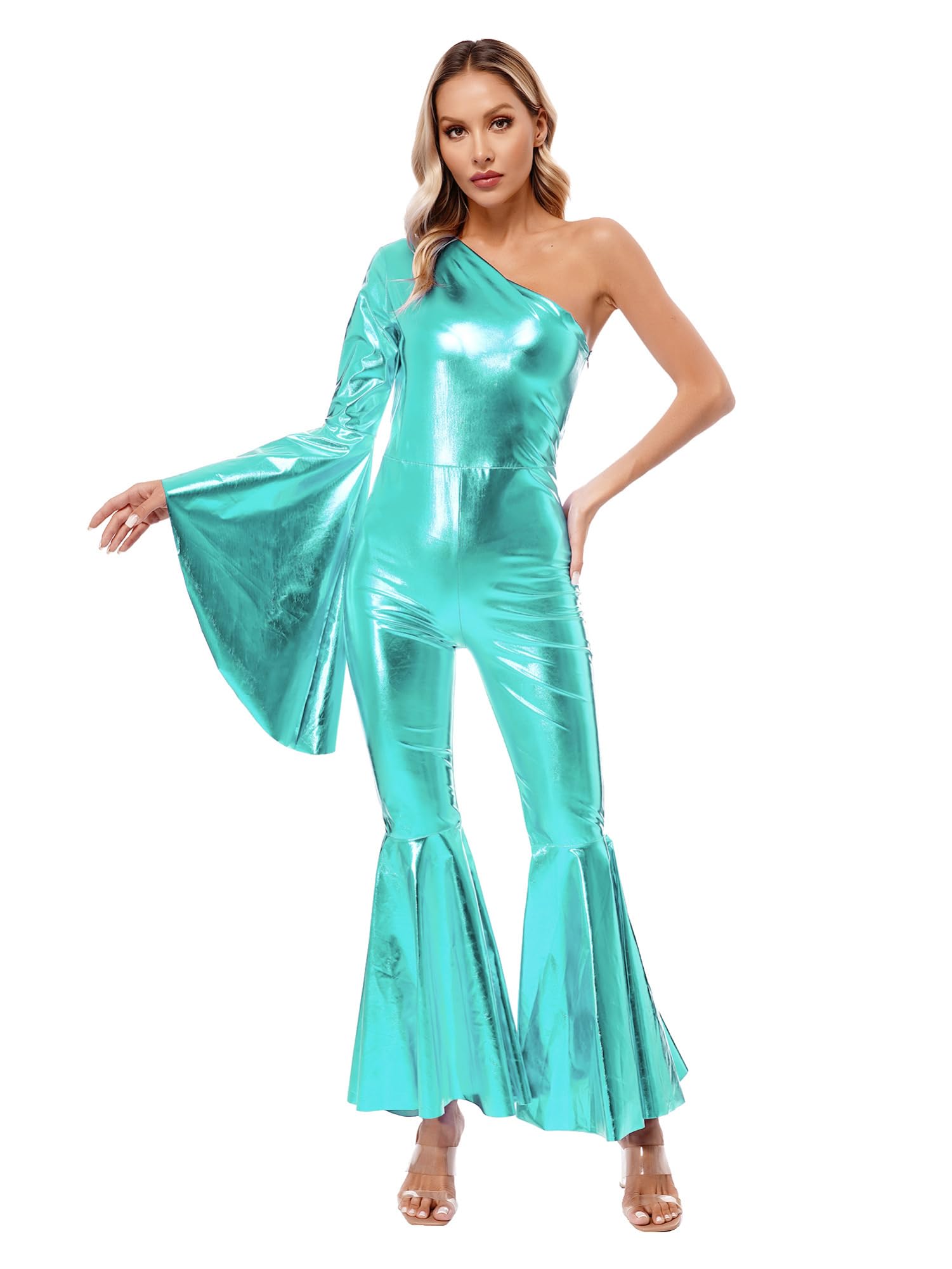 IEFIEL Mono Brillante de Baile para Mujer con un Hombro Manga de Acampanadas Jumpsuit de Brillante Metálica Disfraz de Danza Animadoras Discos