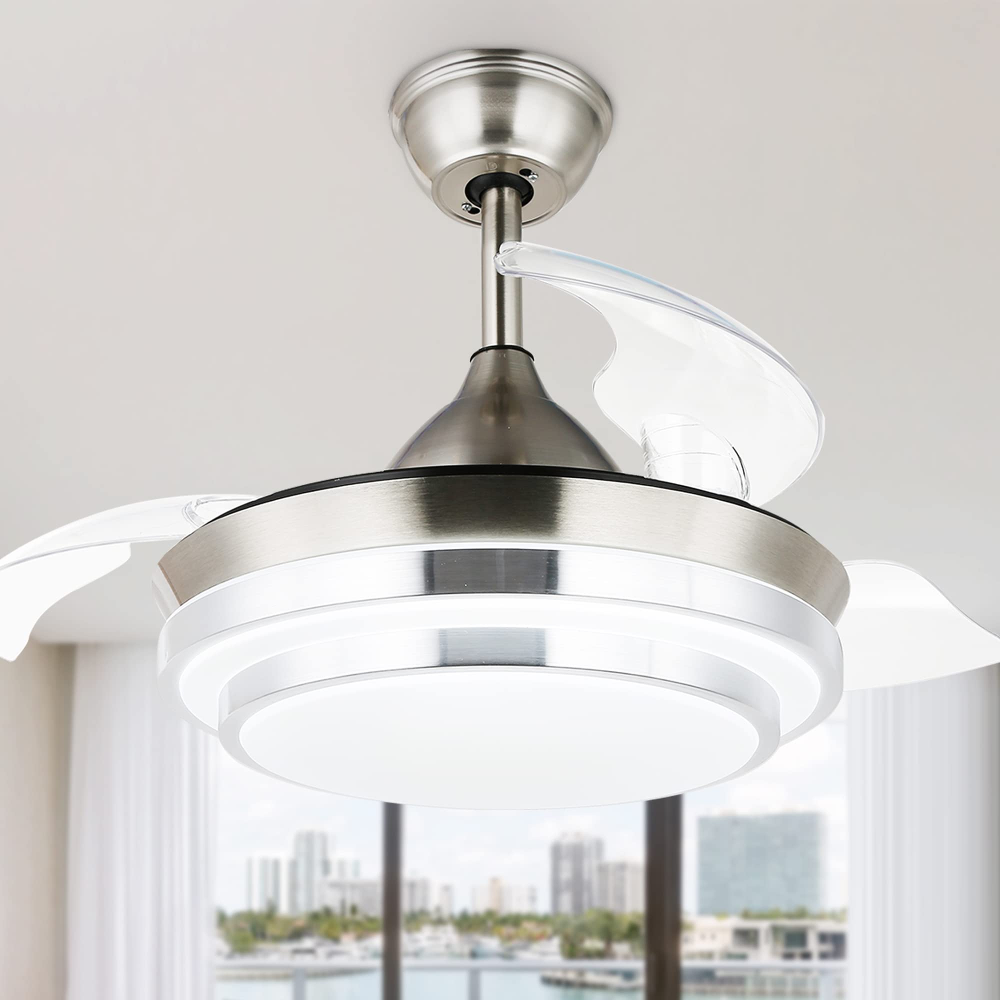 N/A 42inch Retractable Ceiling Fan with LED Light and Remote Control, Retractable Blades, 3 Color Dimmable Modern Ceiling Fan for Bedroom/Living Room/