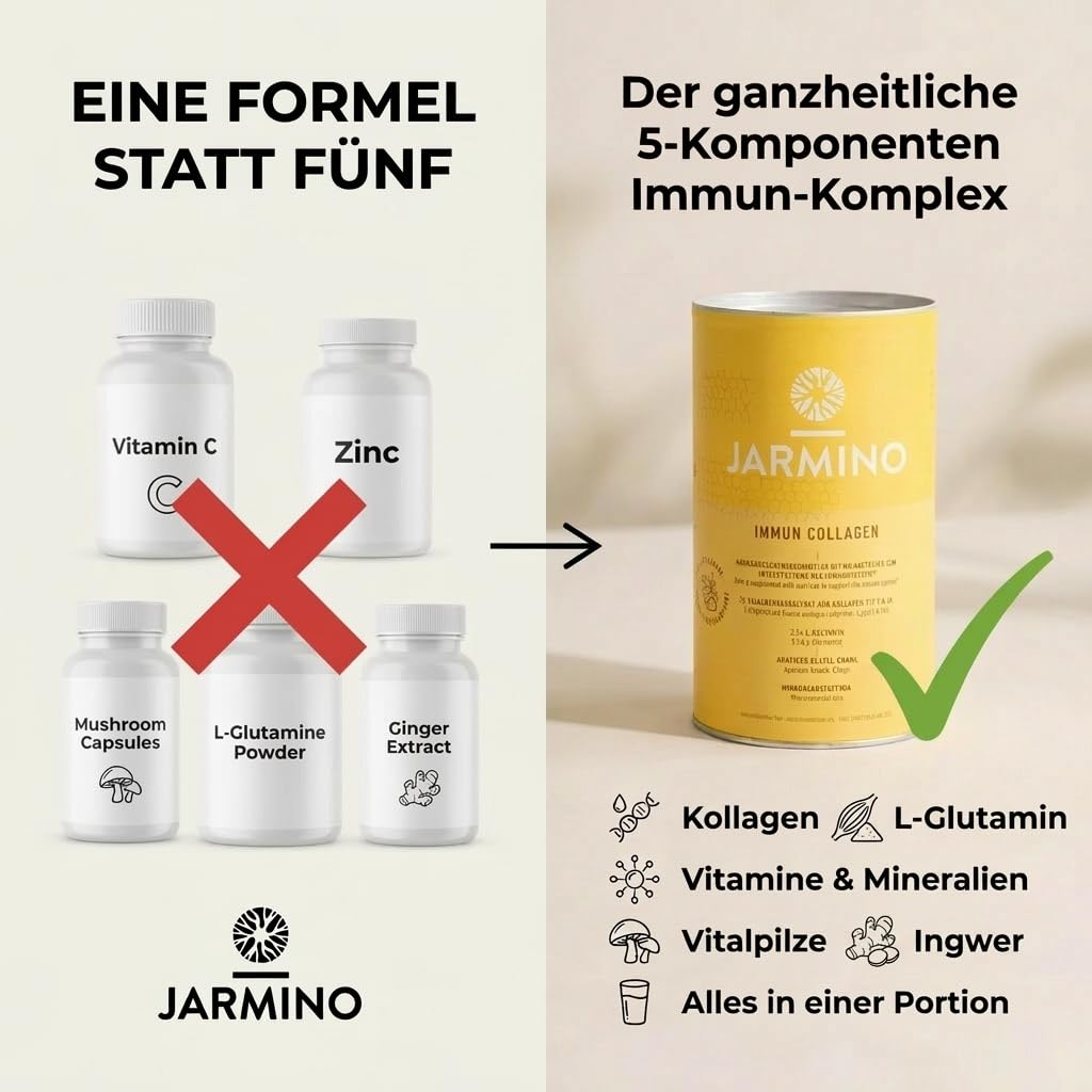 JARMINO Immun Collagen | Kollagen Hydrolysat mit L-Glutamin - Immunsystem stärken | Vitamin C, D, Selen, Zink, Ingwer, Holunder, Vitalpilze | 450g Immun Boost Glutamin Pulver