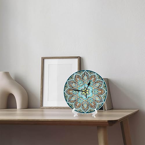 Miniatura 3 de Reloj de pared floral de mandala redondo de 10 pulgadas, funciona con pilas, estilo étnico en colores turquesa, amarillo y marrón, sin marco,