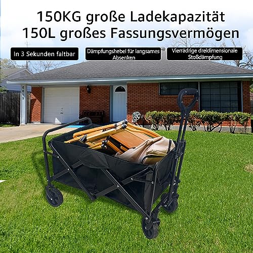 PRIJESSE Bollerwagen Faltbar, bis 150 kg Tragkraft Transportwagen, Gartenanhänger, Draussen Camping Einkaufen Handwagen, inklusive 2 Netztaschen, ohne Dach, Schwarz/Black – Bild 4