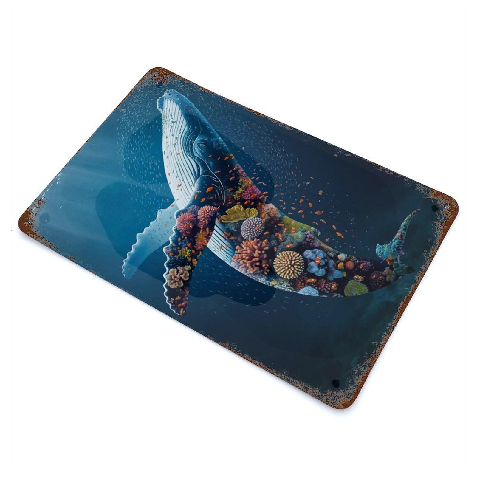 Rust Effect Coral Whale Underwater Rusty Metal Tin Sign 11.8"x7.9", Rustic Home Decor for Living Room, Hallway And Home Decor