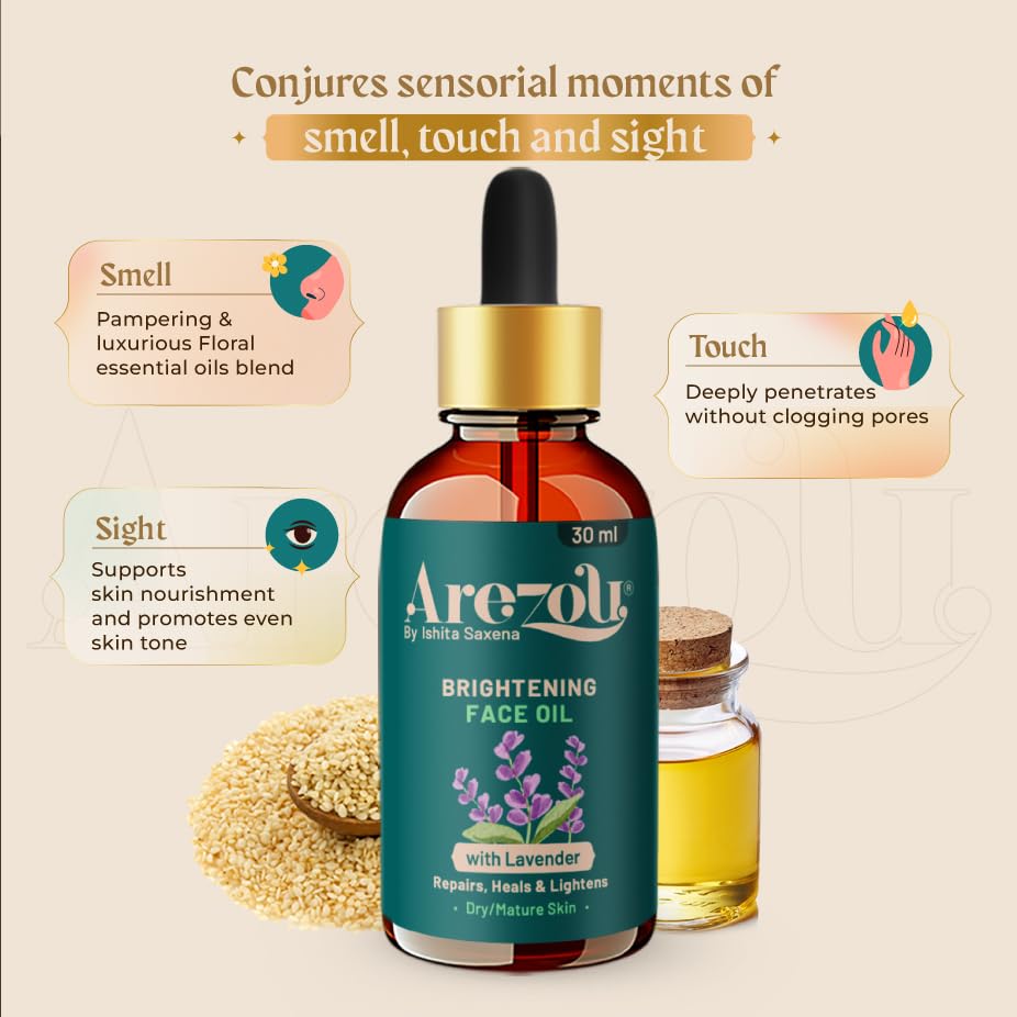 Image of Arezou Brightening Face Oil 15 ml | Anti-Pigmentation Serum with Sesame & Lavender | Fades Dark Spots, Uneven Tone & Hyperpigmentation | Lightweight, Fast-Absorbing for Dry & Sensitive Skin | Unisex