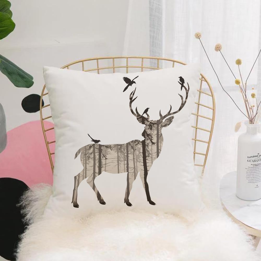 Hyosxw Silhouette Of A Deer With Pine Forest And Bi - A2 Cushion Cover,Throw Pillow Case Home Decorative For Living Room Bedroom Sofa Chair 18X18 Inch,Silhouette Of A Deer With Pine Forest And Birds Browns White Background Vector,Pillowcase 45X45cm