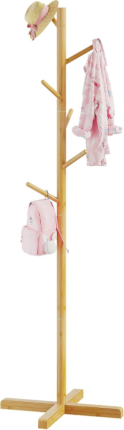 Kids coat rack stand bamboo with 6 hooks adjustable height