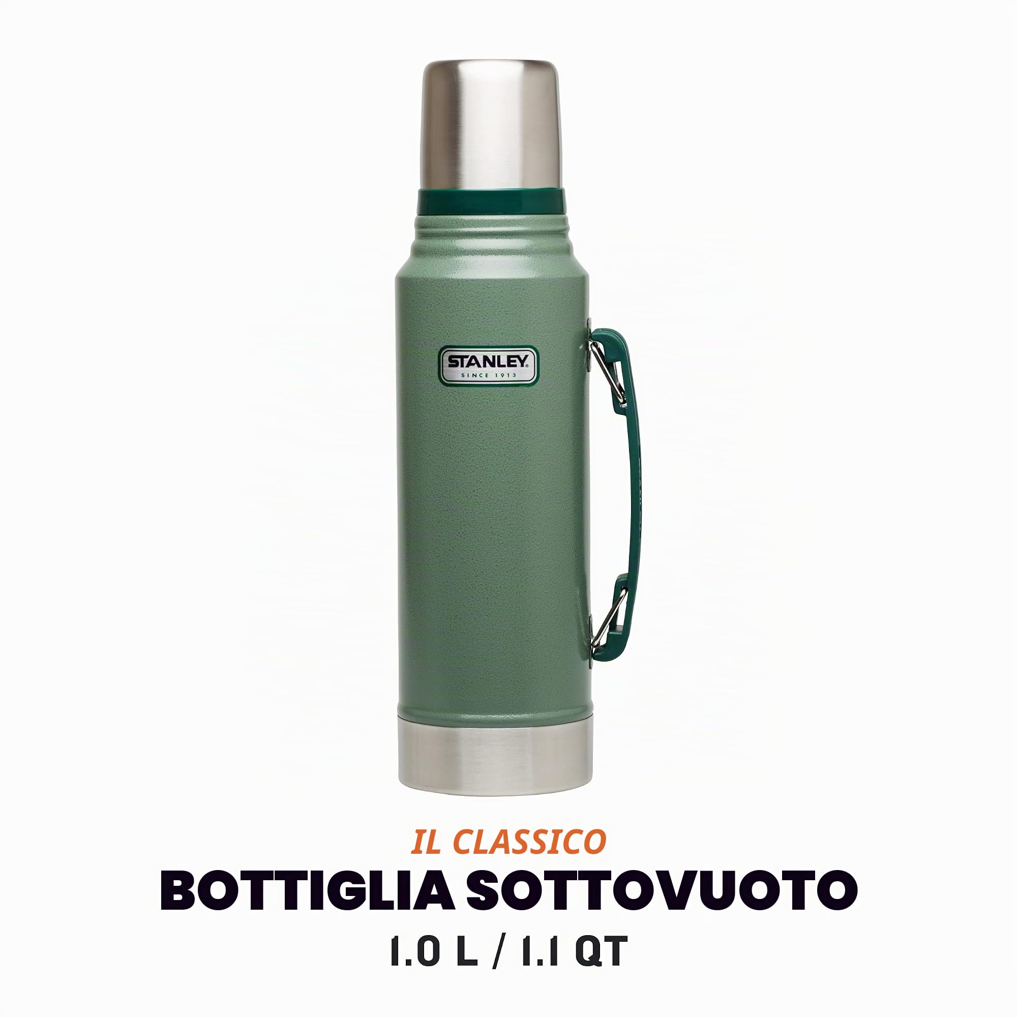 Stanley Classic Legendary Bottle 1L Hammertone Green - Borraccia Termica 1 Litro in Acciaio Inox & Classic Legendary Food Jar 0,4L / 14OZ Hammertone Green – Thermos per Alimenti in Acciaio