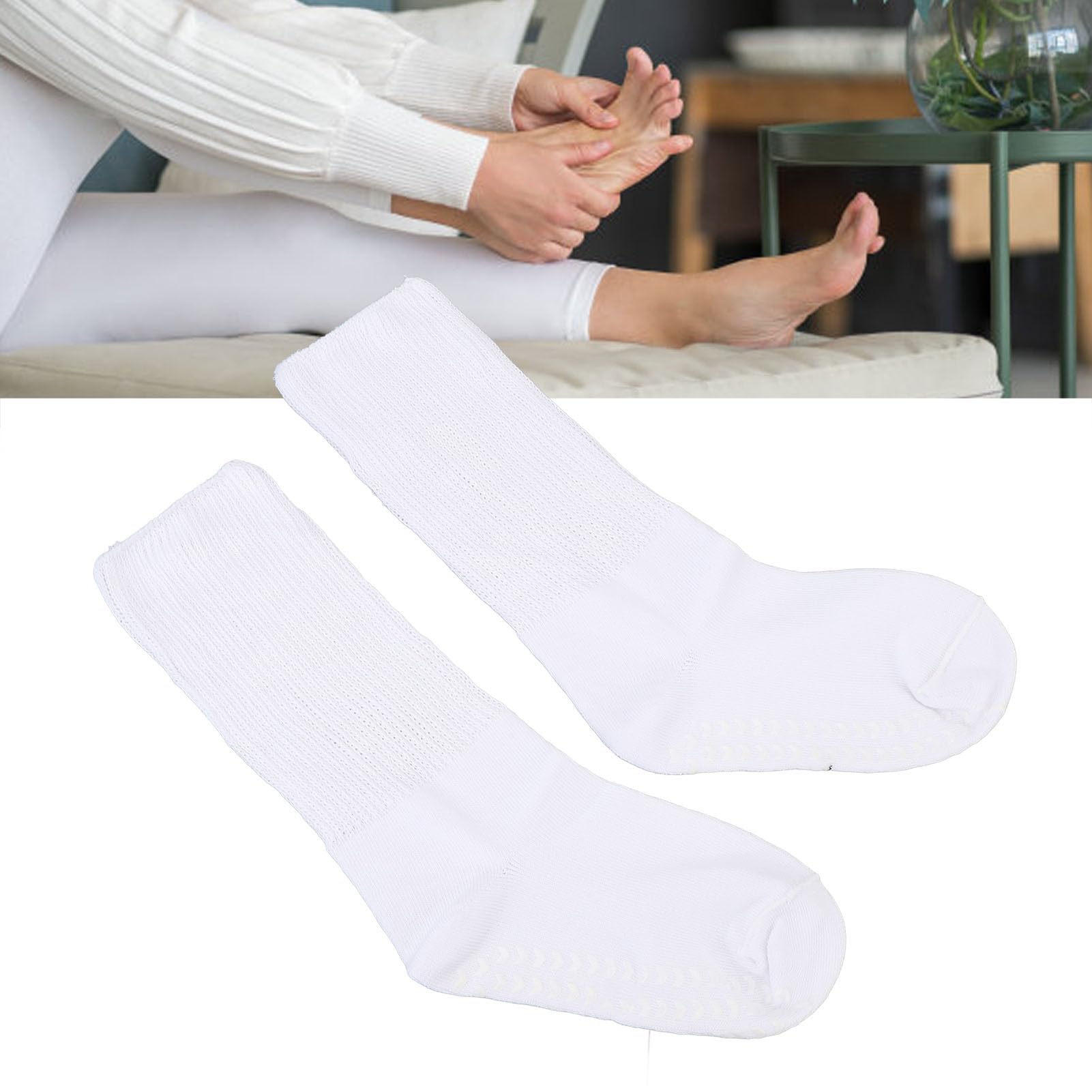 Super Wide Non Slip Loose Fit Socks with Grips High Stretch White for Fat Feet and Legs (L XL)