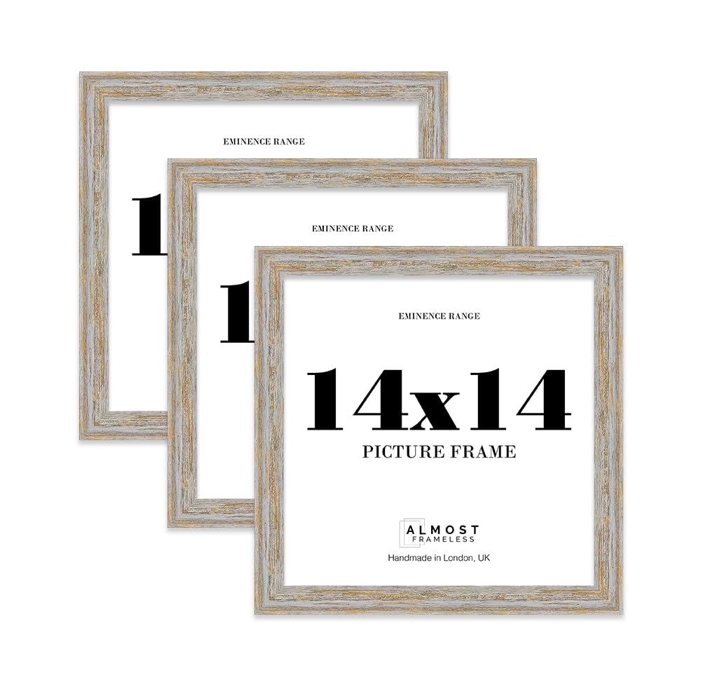 14x14" Walnut Woodgrain Picture Frame - Rustic Wood Industrial Effect Photo Frame for Wall Display, Ideal for Posters, Prints & Home Décor, Wall Hooks, 32mm Edge - 3 Pack