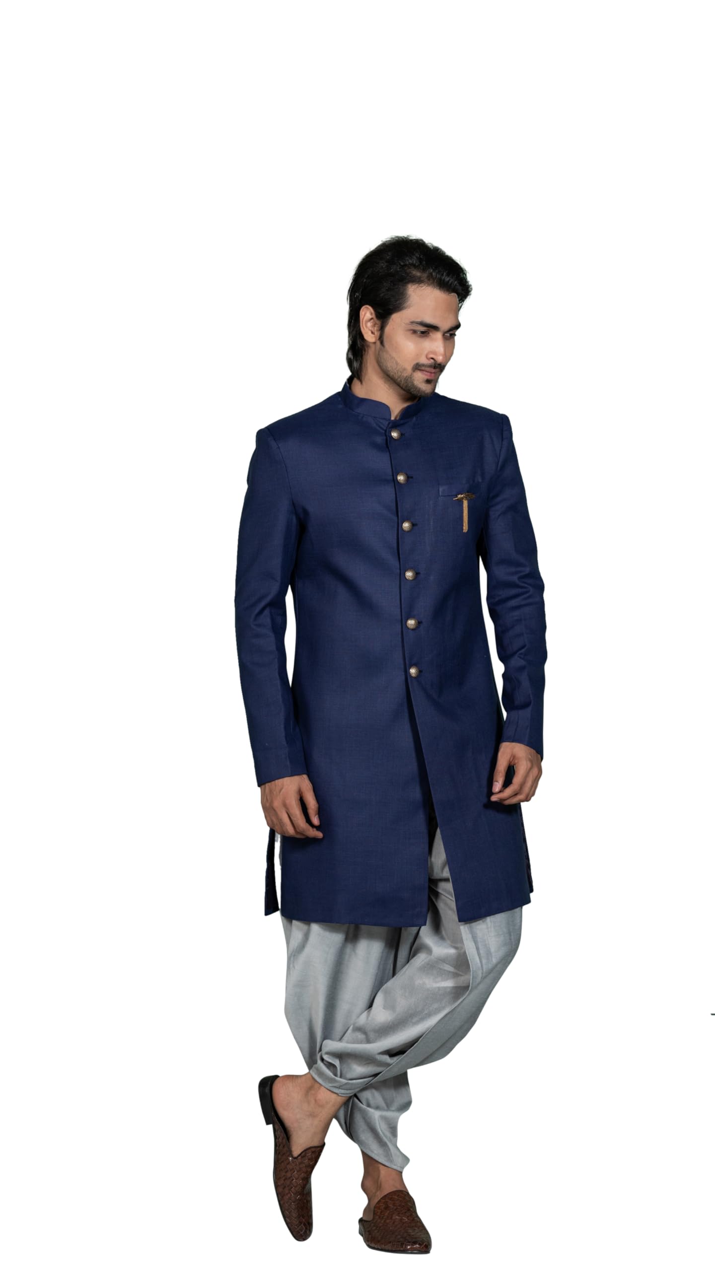 kisah Mens Sherwani Dhoti Set Cotton Blend Solid Dyed, Indo-Western Ethnic Wear for Men, Blue-picture-10