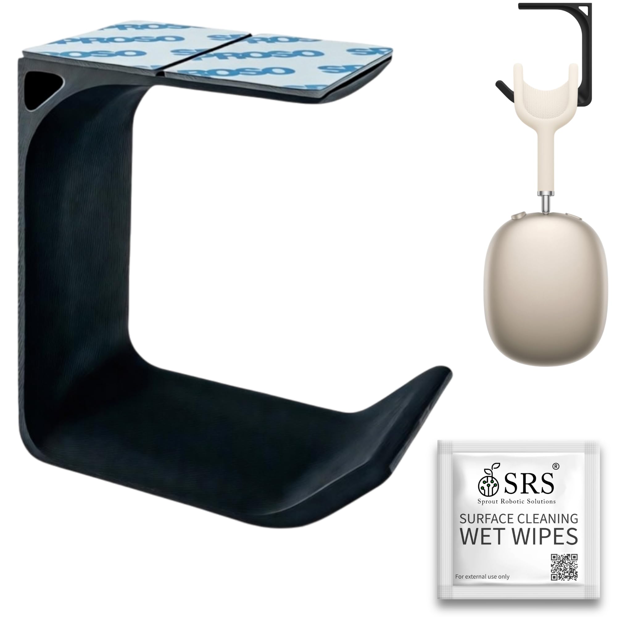 sproso headphone stand holder | under desk hook & cable organizer | stick-on adhesive | superior-grade abs | includes surface cleaning wipes for easy setup & organization (pack of 1, black)