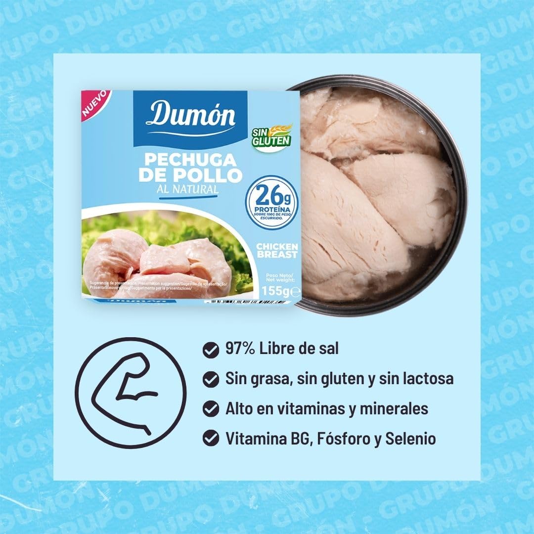 DUMON Conserva Pechuga de Pollo al Natural 12x155g 26g Proteína Sin Gluten Sin Grasa Sin Lactosa