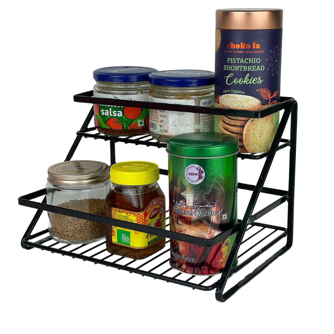 Go Hooked Metal Standing Rack 2-Tier Countertop Organizer | Spices Organizer | Bathroom Essentials | Vanity Storage | Decorative Use | Cosmetic Makeup Storage -Black
