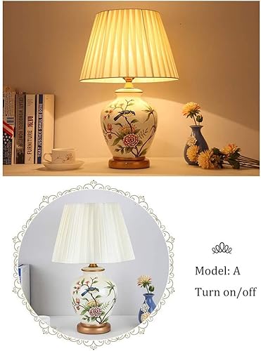 Miniatura 10 de JITEM Lámpara de Mesa Lámpara de mesa oriental de cerámica con interruptor de botón, pantalla de tela, sala de estar, dormitorio, E27, lámpara de