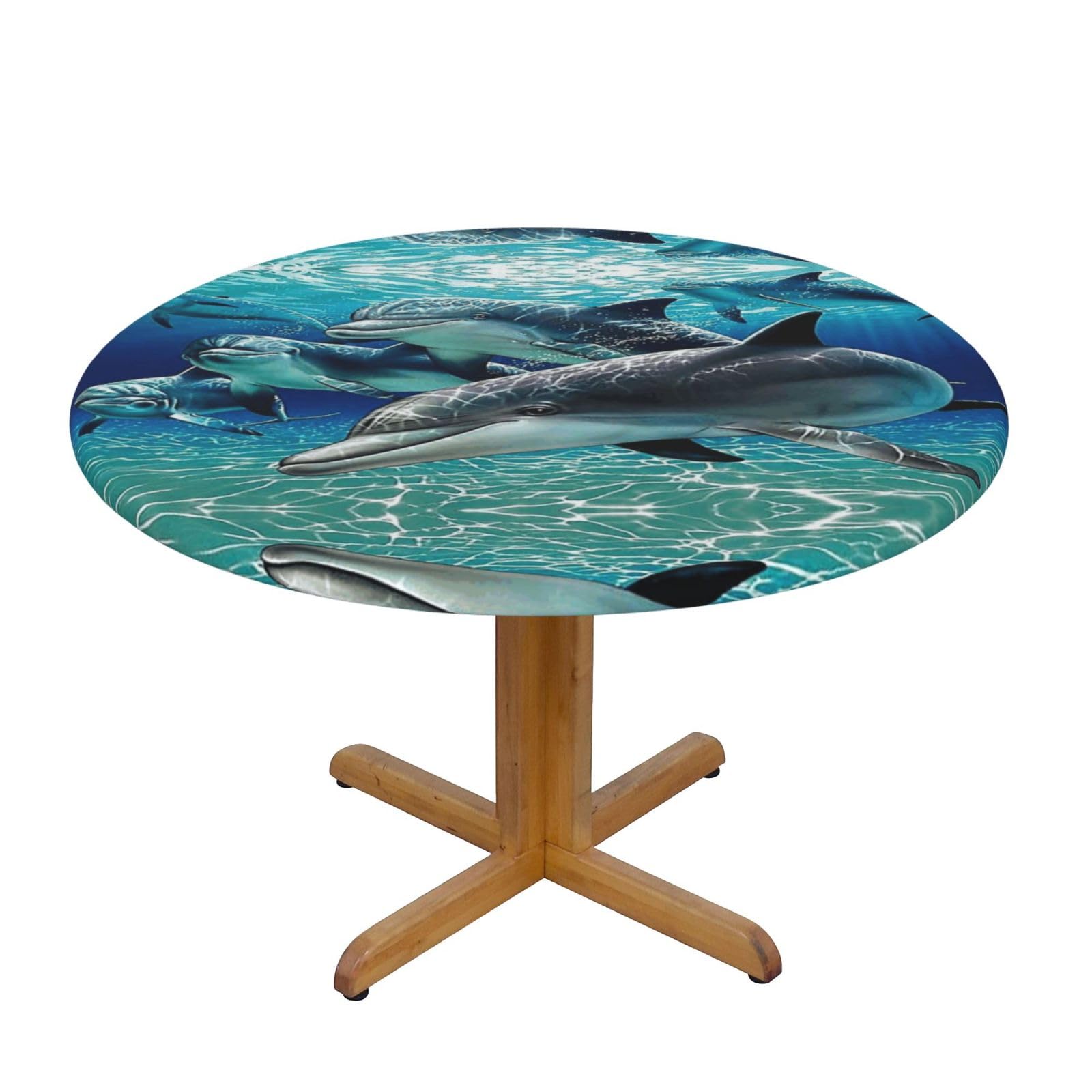ESNAIUVCD Dolphins print Waterproof Round Tablecloth,Outdoor Table Cloth with Elastic Edged, Elastic Tablecloth Wipeable, Garden Table Cloth Suitable for sizes 90cm-140cm