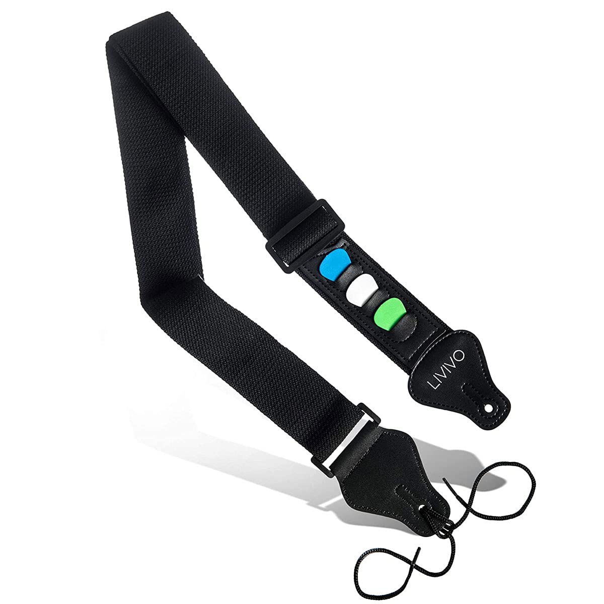 Livivo Black Adjustable Guitar Strap With Pick Holders And Leather End - For Electric Acoustic Classical And Bass Guitars - Durable Straps