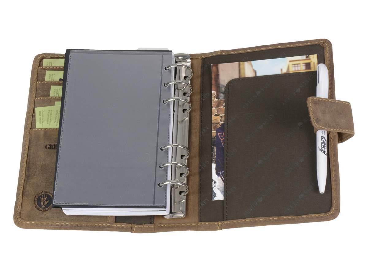 Greenburry Terminplaner Leder A6 (14x19,5cm) Terminkalender braun Vintage Look inkl Systemeinlage plus Kalender 2024