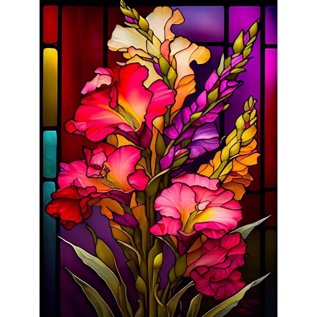 LWZAYS Flowers Paint by Numbers for Adults, Stained Glass Painting by Numbers for Adults,DIY Painting Art Kits for Adults,Paint Kit for Home Wall Decor Gift(12X16 Inch)