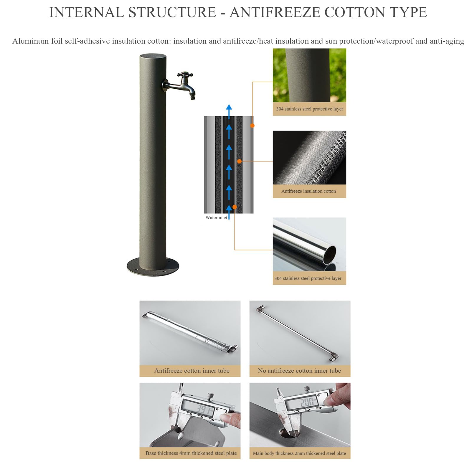 Columna de agua de acero inoxidable 304 para exteriores con soporte de manguera, grifo anticongelante e hidrante para riego de jardín y dispensador de agua de montaje en suelo de fuente