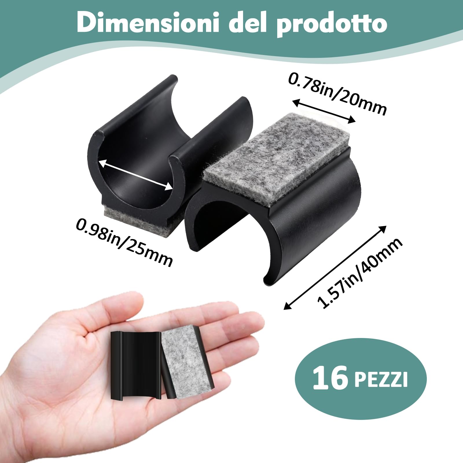 16 Pezzi Feltrini per Sedie Girevoli, Piedini per Sedie in Feltro 25mm Nero con Sistema a Pressione, Protezioni per Gambe di Sedia contro Graffi e Rumore