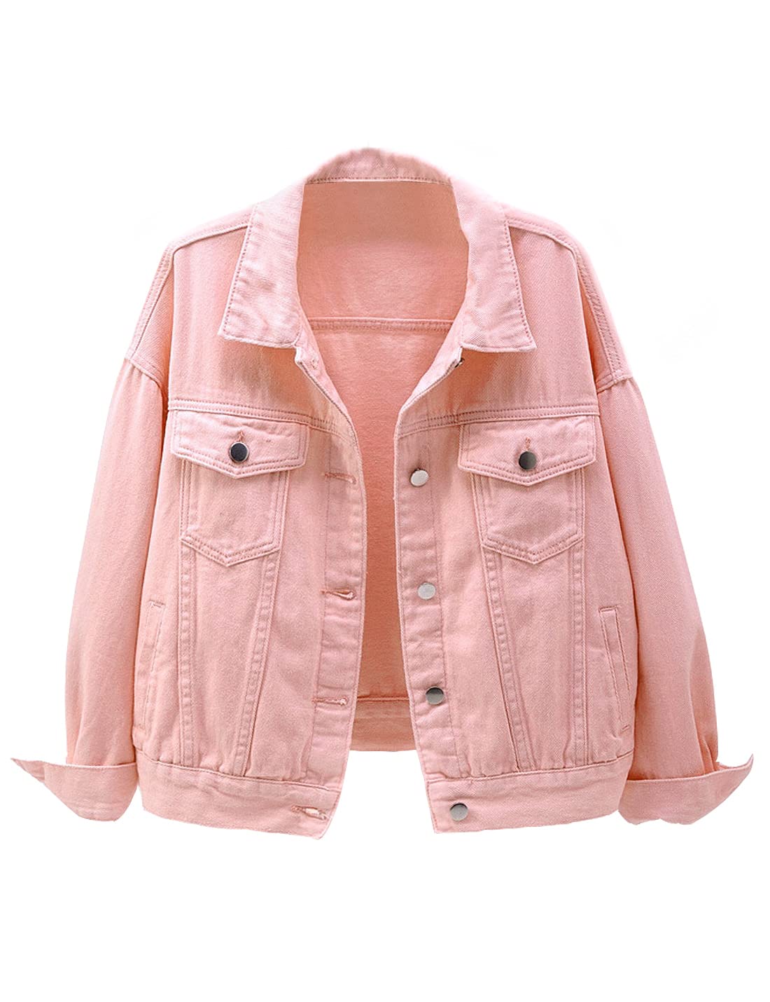 Women's Denim Cotton Button Closed Long Sleeve Solid Color Jacket With Pockets Pink M