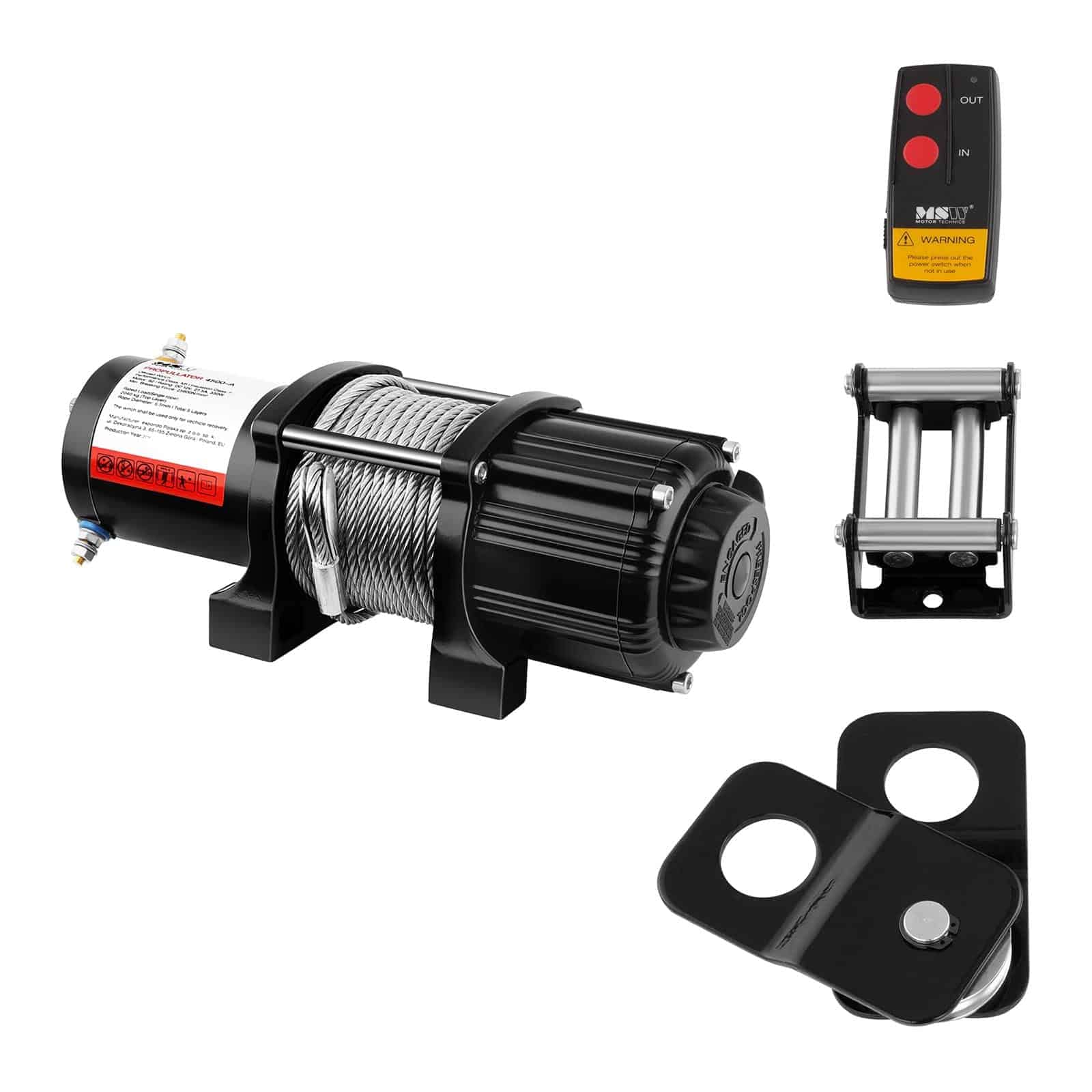 MSW Verricello Elettrico Fuoristrada Offroad PROPULLATOR 4500-A (Forza di trazione: 2.040 kg / 4.500 lbs, Motore a magnete permanente, 15 m Lunghezza del cavo, Tamburo: Ø 41 mm, Puleggia incl.)