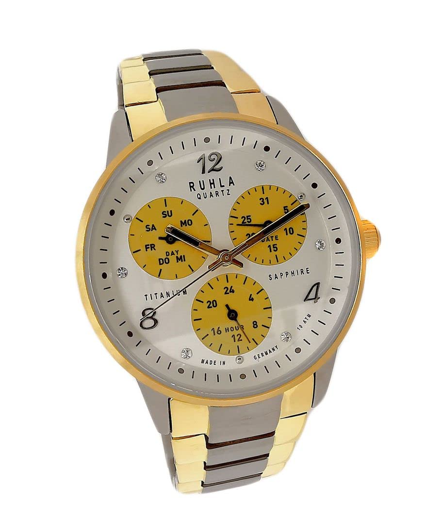 UMR RUHLA Classic Titanuhr Herrenuhr - Ø 35 mm Quarz - Tag/Datum/24h - Saphirglas - Bicolor Titanarmband - weißes Zifferblatt - Made in Germany