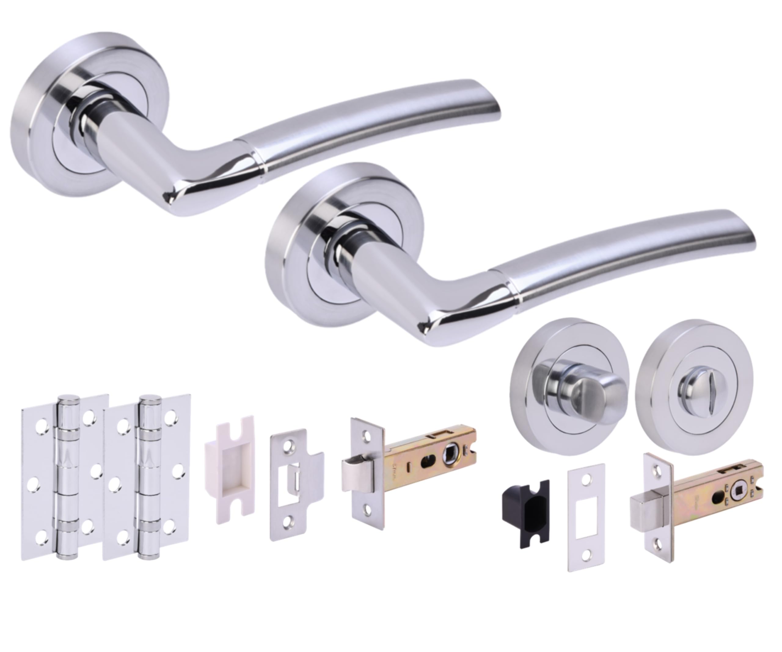 Hunta HANDLEZONE® Neemo Door Handles on Rose Bathroom Deadbolt Pack with Ball Bearing Hinges - Dual Finish Polished/Satin Chrome