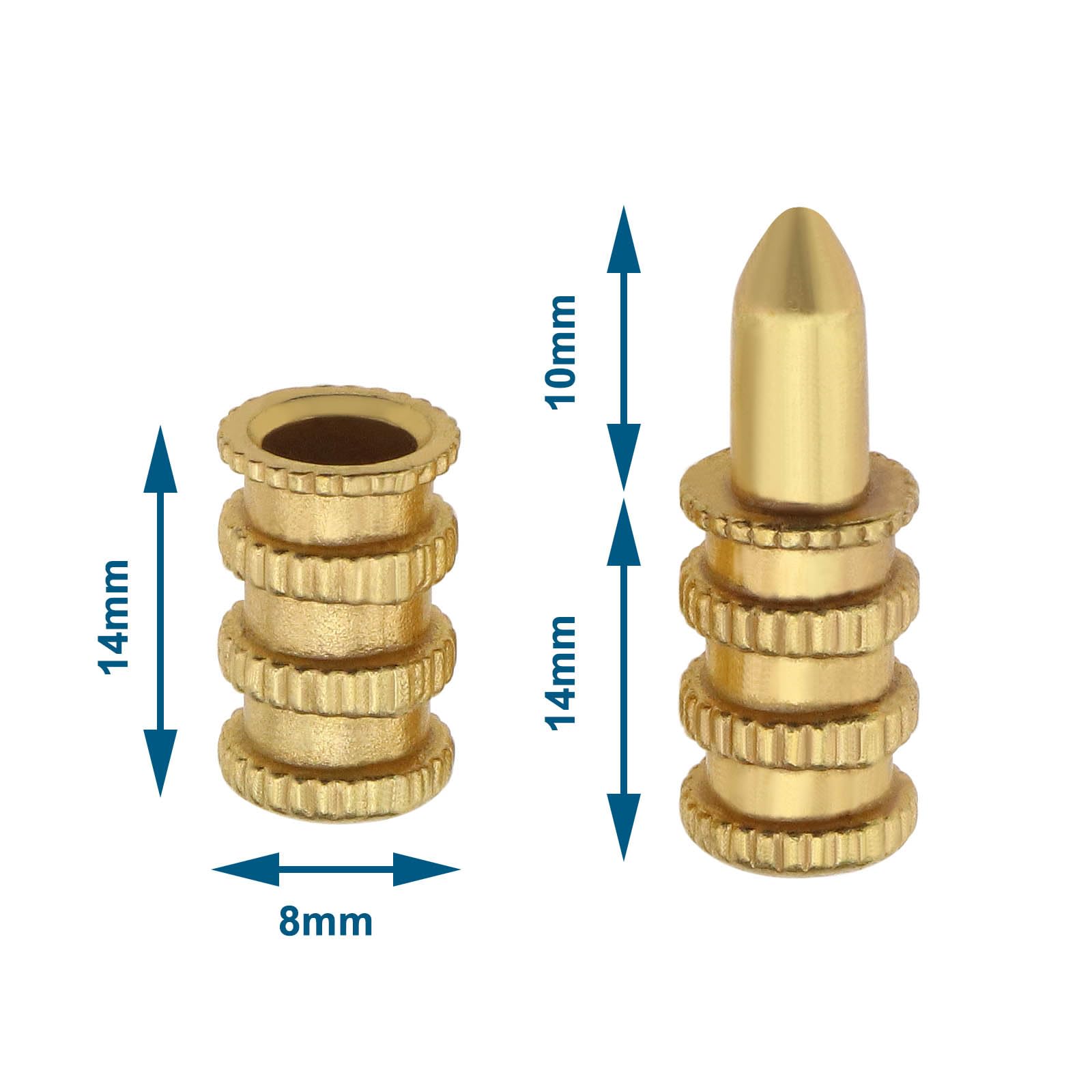 20 connettori a manicotto per bulloni da tavolo, set di punte di precisione in rame, per tavolo da pranzo, perni per tasselli per mobili in legno, armadietti, sedie da tavolo, 8 x 28 mm
