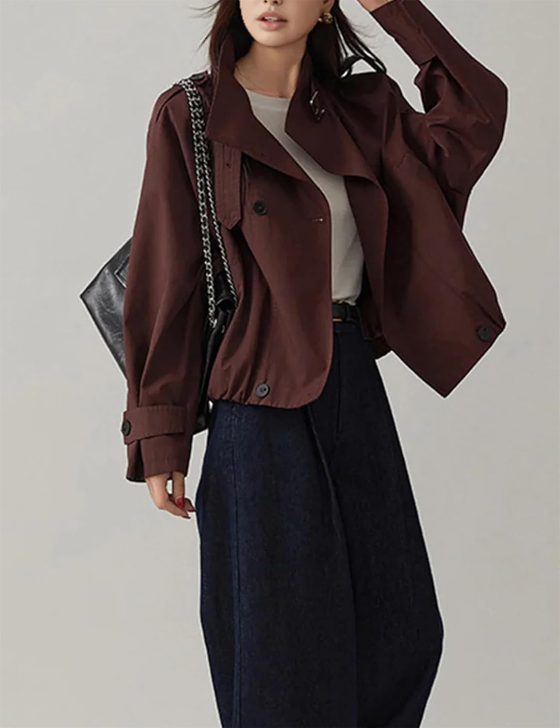 Womens Cropped Trench Coat Trendy Casual Turtleneck Vintage Jacket with Pockets Fall Fashion Outfits - Image 3