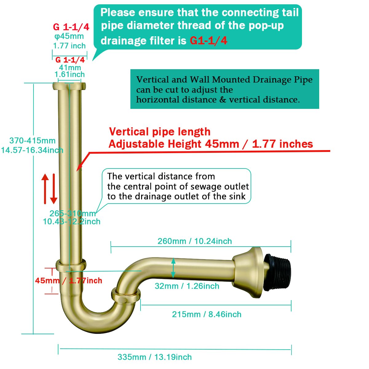 Tubo de drenaje de latón en forma de U de 11/4 pulgadas con tubo de extensión de junta deslizante, longitud de tubo vertical de 12 pulgadas, altura ajustable, kit de drenaje de desagüe de fregadero,