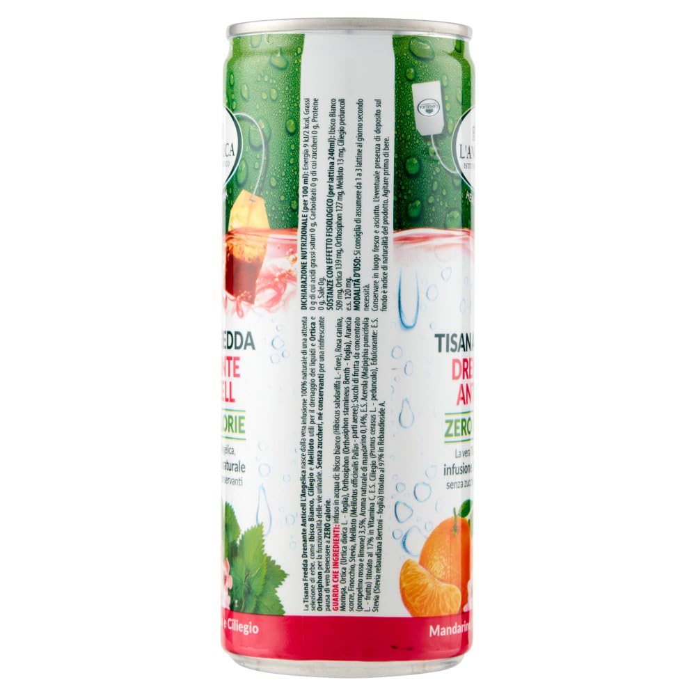 L' Angelica Drenante Anticell - Té de hierbas frías (24 unidades, sabor a mandarina, ortiga y cereza, sin calorías, sin azúcar, 240 ml, lata de 400 g)