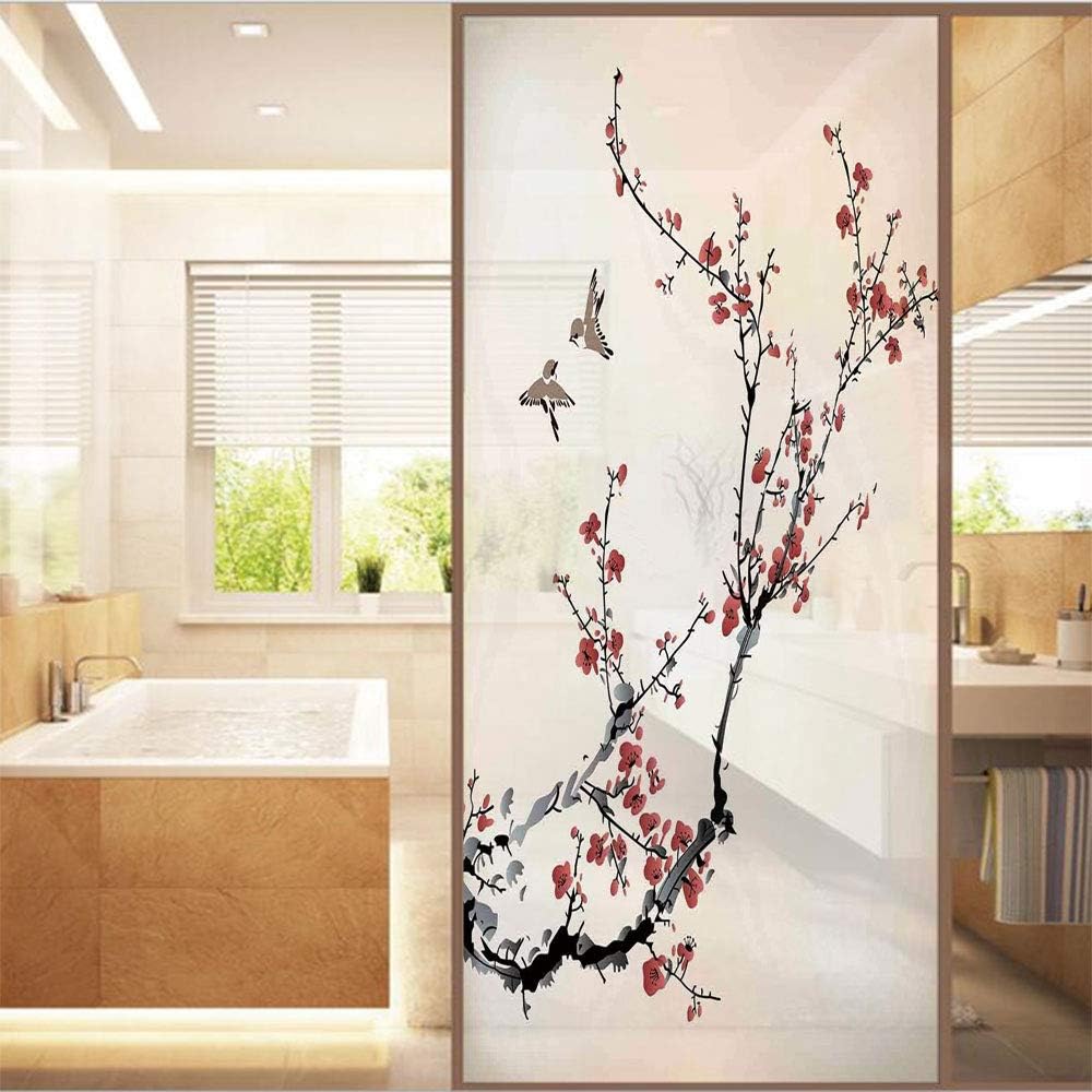Decorative Window Film,No Glue Frosted Privacy Film,Stained Glass Door Film,Cherry Branches Flowers Buds and Birds Asian Style Artwork with Painting Effect,for Home & Office,23.6In. by 78.7In Black Bu