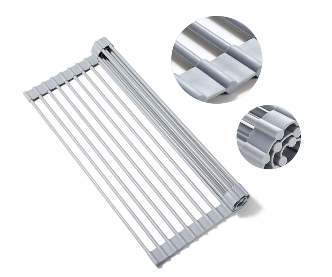 PZiXuaner Roll Up Dish Drying Rack Over The Sink.Extra Large Foldable Kitchen Drainer,Fully Silicone Cover Stainless Steel Bar,Heat-Resistant, Anti-Slip Sink Rack for Kitchen Counter Multipurpose.