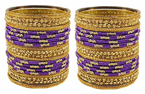 Image of NMII Purple Color Silk Thread & Glass Bangles Set For Girls & Women (Purple,2.6)