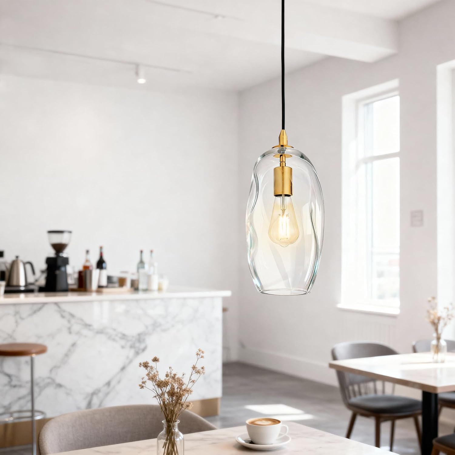 Gold Pendant Light Fixtures Adjustable Modern Kitchen Island Lighting Glass Organic Ceiling Hanging Light Fixtures for Bar, Counter, Patio, Over Sink, Dining Room,Table 12.5'' Height - Transparent
