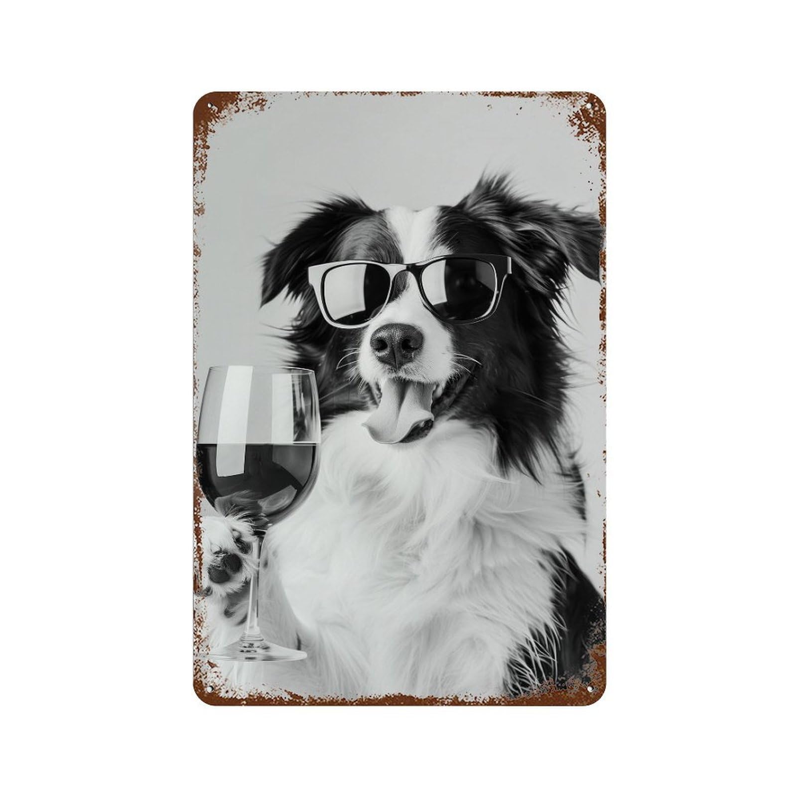 xiaoxiaoshen Border Collie And Wine Print Wall Decor Art Metal Tin Poster Modern Home Decor Art Home Bar Shop Decorations Vintage Sign 30x20cm