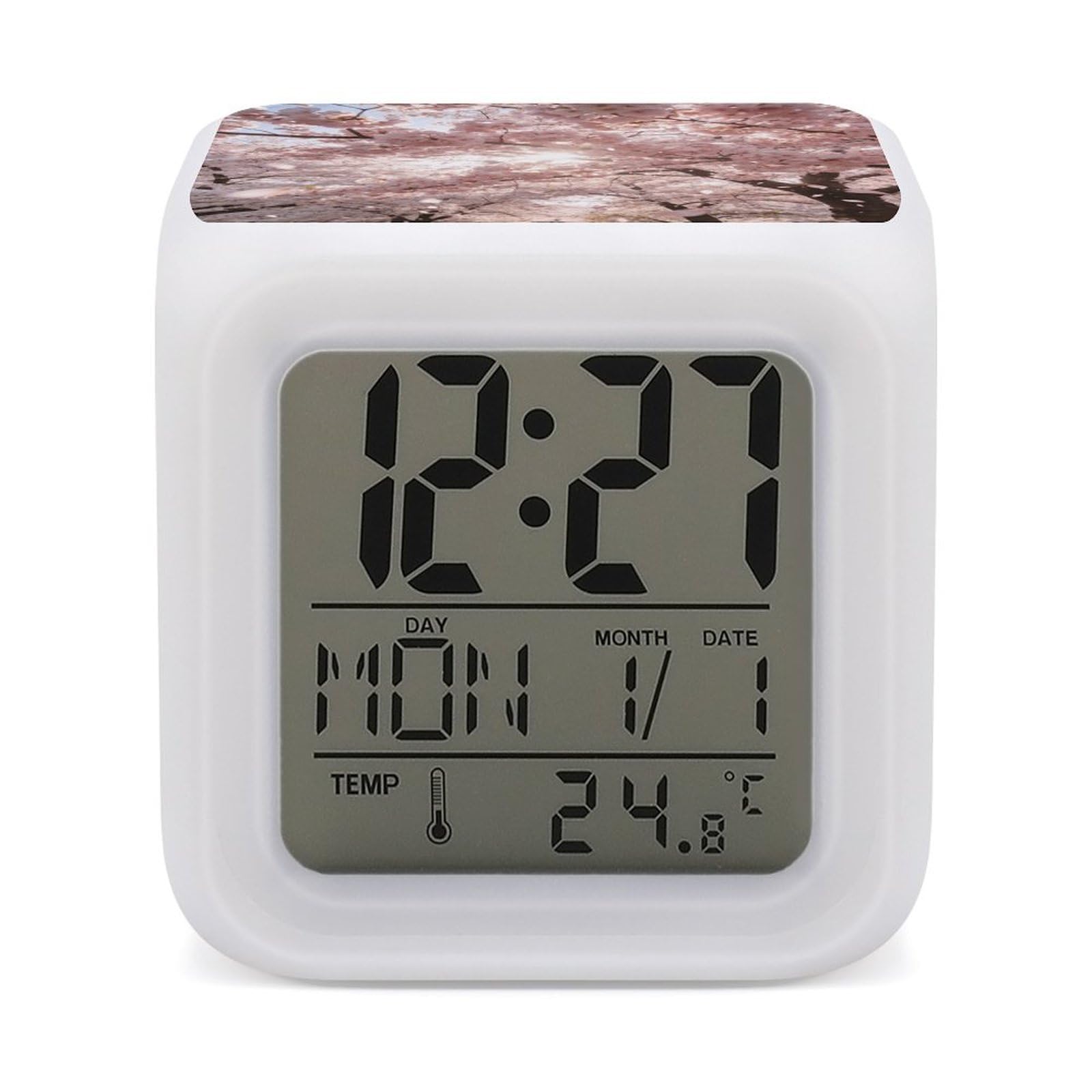 LZQPOEAS Cherry Blossoms Pink Alarm Clock with 7 Color Changing Nightlight for Bedroom Calendar Temperature Display Wake Up Digital Clock Small Desk Clocks for Heavy Sleepers Adults